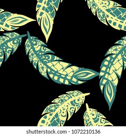Seamless Pattern with Gentle Feathers. Feminine White Doodles on Light Background. Modern Rapport with Hand Drawn Zentangles Scanned and Traced to Vector. Romantic Texture for Wallpaper