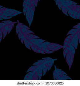 Seamless Pattern with Gentle Feathers. Feminine White Doodles on Light Background. Modern Rapport with Hand Drawn Zentangles Scanned and Traced to Vector. Romantic Texture for Wallpaper