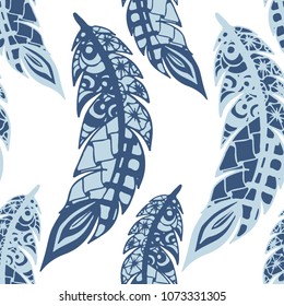 Seamless Pattern with Gentle Feathers. Feminine White Doodles on Light Background. Modern Rapport with Hand Drawn Zentangles Scanned and Traced to Vector. Romantic Texture for Wallpaper