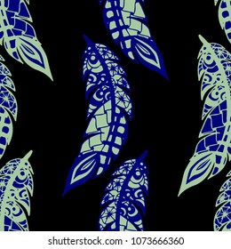 Seamless Pattern with Gentle Feathers. Feminine White Doodles on Light Background. Modern Rapport with Hand Drawn Zentangles Scanned and Traced to Vector. Romantic Texture for Wallpaper