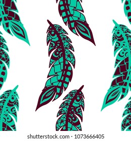 Seamless Pattern with Gentle Feathers. Feminine White Doodles on Light Background. Modern Rapport with Hand Drawn Zentangles Scanned and Traced to Vector. Romantic Texture for Wallpaper