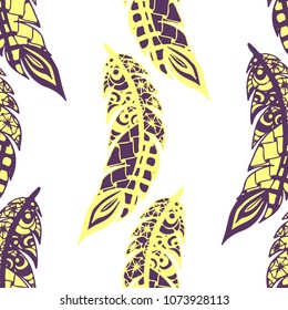 Seamless Pattern with Gentle Feathers. Feminine White Doodles on Light Background. Modern Rapport with Hand Drawn Zentangles Scanned and Traced to Vector. Romantic Texture for Wallpaper