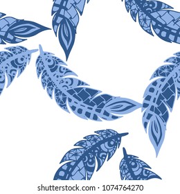 Seamless Pattern with Gentle Feathers. Feminine White Doodles on Light Background. Modern Rapport with Hand Drawn Zentangles Scanned and Traced to Vector. Romantic Texture for Wallpaper