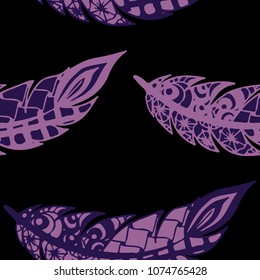 Seamless Pattern with Gentle Feathers. Feminine White Doodles on Light Background. Modern Rapport with Hand Drawn Zentangles Scanned and Traced to Vector. Romantic Texture for Wallpaper