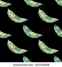 Seamless Pattern with Gentle Feathers. Feminine White Doodles on Light Background. Modern Rapport with Hand Drawn Zentangles Scanned and Traced to Vector. Romantic Texture for Wallpaper