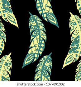 Seamless Pattern with Gentle Feathers. Feminine White Doodles on Light Background. Modern Rapport with Hand Drawn Zentangles Scanned and Traced to Vector. Romantic Texture for Wallpaper