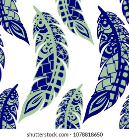Seamless Pattern with Gentle Feathers. Feminine White Doodles on Light Background. Modern Rapport with Hand Drawn Zentangles Scanned and Traced to Vector. Romantic Texture for Wallpaper