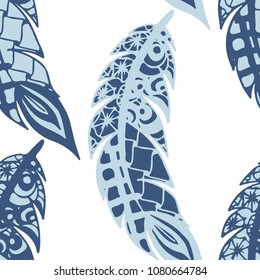 Seamless Pattern with Gentle Feathers. Feminine White Doodles on Light Background. Modern Rapport with Hand Drawn Zentangles Scanned and Traced to Vector. Romantic Texture for Wallpaper