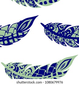 Seamless Pattern with Gentle Feathers. Feminine White Doodles on Light Background. Modern Rapport with Hand Drawn Zentangles Scanned and Traced to Vector. Romantic Texture for Wallpaper