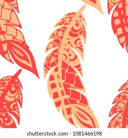 Seamless Pattern with Gentle Feathers. Feminine White Doodles on Light Background. Modern Rapport with Hand Drawn Zentangles Scanned and Traced to Vector. Romantic Texture for Wallpaper