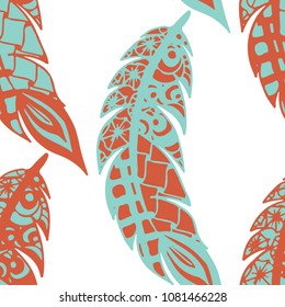 Seamless Pattern with Gentle Feathers. Feminine White Doodles on Light Background. Modern Rapport with Hand Drawn Zentangles Scanned and Traced to Vector. Romantic Texture for Wallpaper