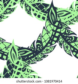 Seamless Pattern with Gentle Feathers. Feminine White Doodles on Light Background. Modern Rapport with Hand Drawn Zentangles Scanned and Traced to Vector. Romantic Texture for Wallpaper