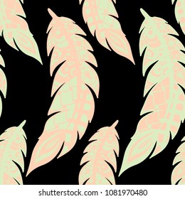 Seamless Pattern with Gentle Feathers. Feminine White Doodles on Light Background. Modern Rapport with Hand Drawn Zentangles Scanned and Traced to Vector. Romantic Texture for Wallpaper