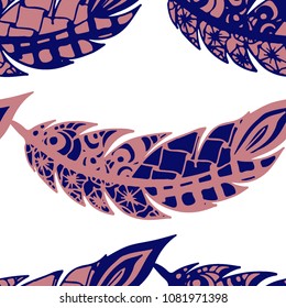 Seamless Pattern with Gentle Feathers. Feminine White Doodles on Light Background. Modern Rapport with Hand Drawn Zentangles Scanned and Traced to Vector. Romantic Texture for Wallpaper
