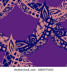 Seamless Pattern with Gentle Feathers. Feminine White Doodles on Light Background. Modern Rapport with Hand Drawn Zentangles Scanned and Traced to Vector. Romantic Texture for Wallpaper
