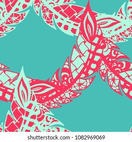 Seamless Pattern with Gentle Feathers. Feminine White Doodles on Light Background. Modern Rapport with Hand Drawn Zentangles Scanned and Traced to Vector. Romantic Texture for Wallpaper