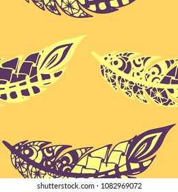 Seamless Pattern with Gentle Feathers. Feminine White Doodles on Light Background. Modern Rapport with Hand Drawn Zentangles Scanned and Traced to Vector. Romantic Texture for Wallpaper