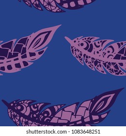 Seamless Pattern with Gentle Feathers. Feminine White Doodles on Light Background. Modern Rapport with Hand Drawn Zentangles Scanned and Traced to Vector. Romantic Texture for Wallpaper