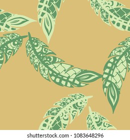 Seamless Pattern with Gentle Feathers. Feminine White Doodles on Light Background. Modern Rapport with Hand Drawn Zentangles Scanned and Traced to Vector. Romantic Texture for Wallpaper