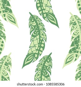 Seamless Pattern with Gentle Feathers. Feminine White Doodles on Light Background. Modern Rapport with Hand Drawn Zentangles Scanned and Traced to Vector. Romantic Texture for Wallpaper