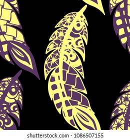 Seamless Pattern with Gentle Feathers. Feminine White Doodles on Light Background. Modern Rapport with Hand Drawn Zentangles Scanned and Traced to Vector. Romantic Texture for Wallpaper