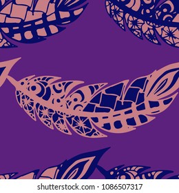 Seamless Pattern with Gentle Feathers. Feminine White Doodles on Light Background. Modern Rapport with Hand Drawn Zentangles Scanned and Traced to Vector. Romantic Texture for Wallpaper
