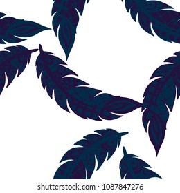 Seamless Pattern with Gentle Feathers. Feminine White Doodles on Light Background. Modern Rapport with Hand Drawn Zentangles Scanned and Traced to Vector. Romantic Texture for Wallpaper