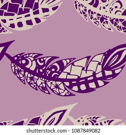 Seamless Pattern with Gentle Feathers. Feminine White Doodles on Light Background. Modern Rapport with Hand Drawn Zentangles Scanned and Traced to Vector. Romantic Texture for Wallpaper
