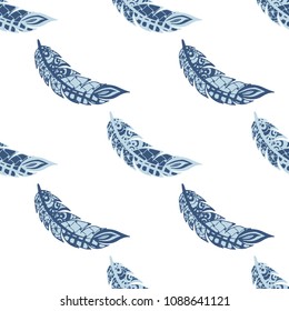 Seamless Pattern with Gentle Feathers. Feminine White Doodles on Light Background. Modern Rapport with Hand Drawn Zentangles Scanned and Traced to Vector. Romantic Texture for Wallpaper
