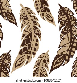 Seamless Pattern with Gentle Feathers. Feminine White Doodles on Light Background. Modern Rapport with Hand Drawn Zentangles Scanned and Traced to Vector. Romantic Texture for Wallpaper