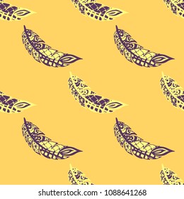Seamless Pattern with Gentle Feathers. Feminine White Doodles on Light Background. Modern Rapport with Hand Drawn Zentangles Scanned and Traced to Vector. Romantic Texture for Wallpaper