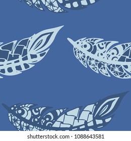Seamless Pattern with Gentle Feathers. Feminine White Doodles on Light Background. Modern Rapport with Hand Drawn Zentangles Scanned and Traced to Vector. Romantic Texture for Wallpaper