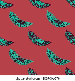 Seamless Pattern with Gentle Feathers. Feminine White Doodles on Light Background. Modern Rapport with Hand Drawn Zentangles Scanned and Traced to Vector. Romantic Texture for Wallpaper