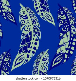 Seamless Pattern with Gentle Feathers. Feminine White Doodles on Light Background. Modern Rapport with Hand Drawn Zentangles Scanned and Traced to Vector. Romantic Texture for Wallpaper