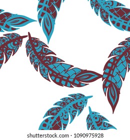 Seamless Pattern with Gentle Feathers. Feminine White Doodles on Light Background. Modern Rapport with Hand Drawn Zentangles Scanned and Traced to Vector. Romantic Texture for Wallpaper