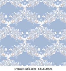 Seamless Pattern with Gentle Feathers. Feminine White Doodles on Light Background. Modern Rapport with Hand Drawn Zentzngles Scanned and Traced to Vector. Romantic Texture for Wallpaper