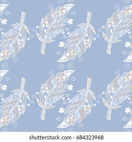 Seamless Pattern with Gentle Feathers. Feminine White Doodles on Light Background. Modern Rapport with Hand Drawn Zentzngles Scanned and Traced to Vector. Romantic Texture for Wallpaper