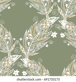 Seamless Pattern with Gentle Feathers. Feminine White Doodles on Light Background. Modern Rapport with Hand Drawn Zentzngles Scanned and Traced to Vector. Romantic Texture for Wallpaper