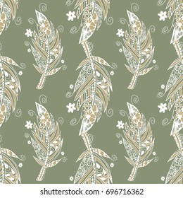 Seamless Pattern with Gentle Feathers. Feminine White Doodles on Light Background. Modern Rapport with Hand Drawn Zentzngles Scanned and Traced to Vector. Romantic Texture for Wallpaper