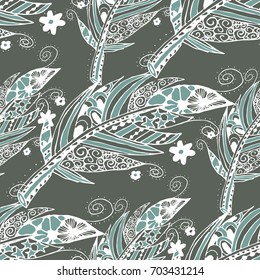 Seamless Pattern with Gentle Feathers. Feminine White Doodles on Light Background. Modern Rapport with Hand Drawn Zentzngles Scanned and Traced to Vector. Romantic Texture for Wallpaper