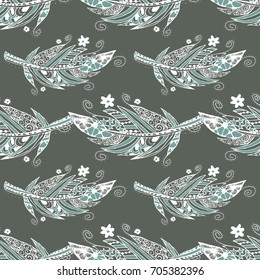 Seamless Pattern with Gentle Feathers. Feminine White Doodles on Light Background. Modern Rapport with Hand Drawn Zentzngles Scanned and Traced to Vector. Romantic Texture for Wallpaper