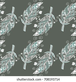 Seamless Pattern with Gentle Feathers. Feminine White Doodles on Light Background. Modern Rapport with Hand Drawn Zentzngles Scanned and Traced to Vector. Romantic Texture for Wallpaper