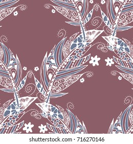 Seamless Pattern with Gentle Feathers. Feminine White Doodles on Light Background. Modern Rapport with Hand Drawn Zentzngles Scanned and Traced to Vector. Romantic Texture for Wallpaper