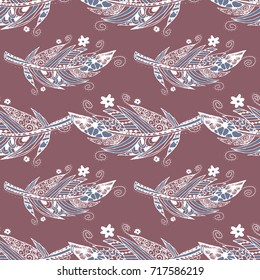 Seamless Pattern with Gentle Feathers. Feminine White Doodles on Light Background. Modern Rapport with Hand Drawn Zentzngles Scanned and Traced to Vector. Romantic Texture for Wallpaper