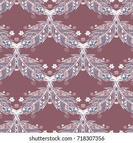 Seamless Pattern with Gentle Feathers. Feminine White Doodles on Light Background. Modern Rapport with Hand Drawn Zentzngles Scanned and Traced to Vector. Romantic Texture for Wallpaper