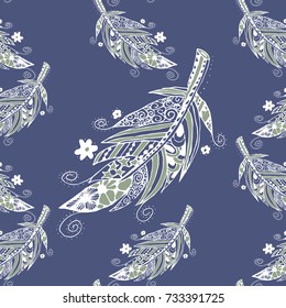 Seamless Pattern with Gentle Feathers. Feminine White Doodles on Light Background. Modern Rapport with Hand Drawn Zentzngles Scanned and Traced to Vector. Romantic Texture for Wallpaper