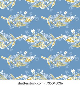 Seamless Pattern with Gentle Feathers. Feminine White Doodles on Light Background. Modern Rapport with Hand Drawn Zentzngles Scanned and Traced to Vector. Romantic Texture for Wallpaper
