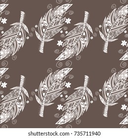 Seamless Pattern with Gentle Feathers. Feminine White Doodles on Light Background. Modern Rapport with Hand Drawn Zentzngles Scanned and Traced to Vector. Romantic Texture for Wallpaper