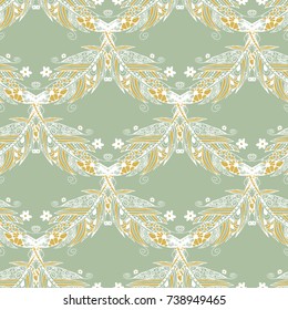 Seamless Pattern with Gentle Feathers. Feminine White Doodles on Light Background. Modern Rapport with Hand Drawn Zentzngles Scanned and Traced to Vector. Romantic Texture for Wallpaper