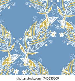 Seamless Pattern with Gentle Feathers. Feminine White Doodles on Light Background. Modern Rapport with Hand Drawn Zentzngles Scanned and Traced to Vector. Romantic Texture for Wallpaper